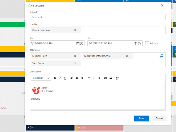 Edit event dialog showing calendar event creation with attendees and description fields