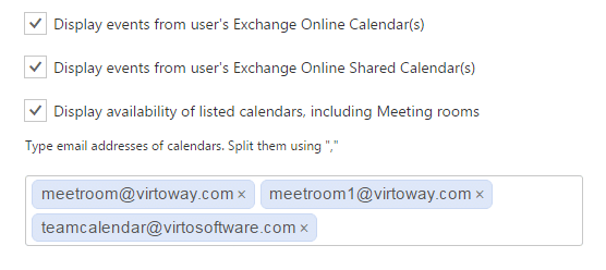 Calendar display settings with email addresses for meeting rooms and team calendars
