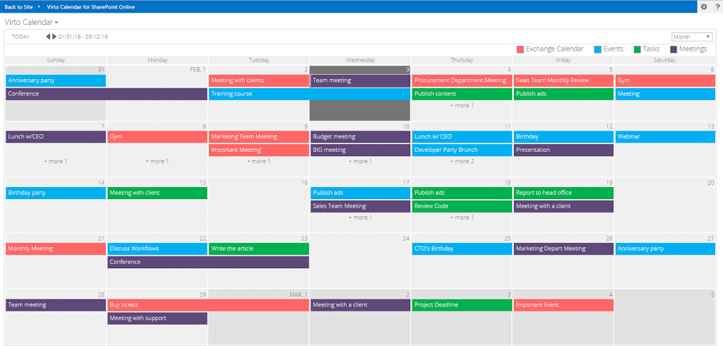 Virto Calendar for SharePoint Online displaying events, tasks, and meetings across multiple weeks in month view.