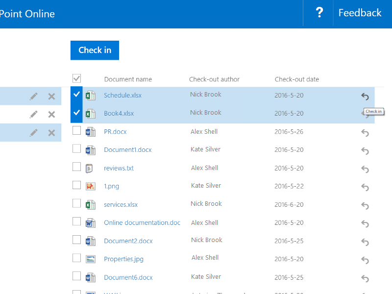 SharePoint Online document library showing checked-in files with document names, authors, and check-out dates.