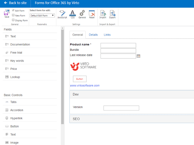 Forms for Office 365 by Virto form editor interface showing product details form