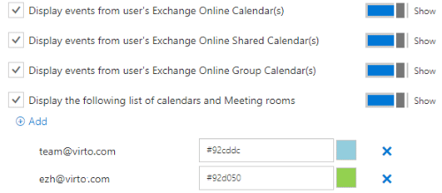Outlook calendar display options with email addresses and resource IDs listed for SharePoint integration