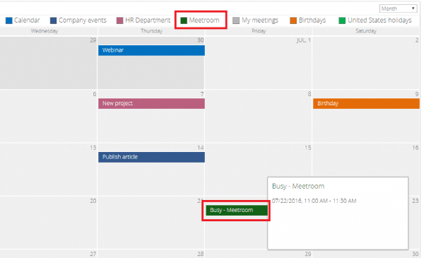 Office 365 calendar view showing color-coded events including webinar, new project, birthday, and meetroom booking.
