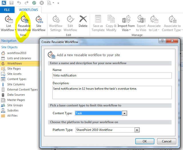 SharePoint Create Reusable Workflow dialog with name, description, content type, and platform type fields.