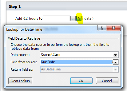 SharePoint workflow Lookup for Date/Time dialog box with field configuration options