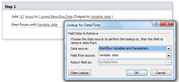 Lookup for Date/Time dialog box with Workflow Variables and Parameters configuration settings