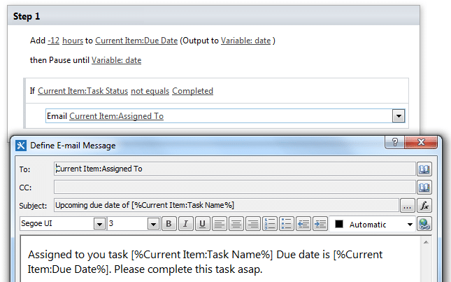 SharePoint workflow email notification configuration dialog showing task assignment reminder message template.