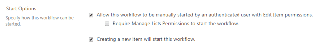 SharePoint workflow start options configuration settings with checkboxes for manual start and item creation permissions.