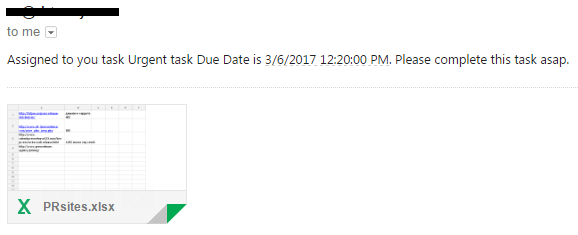 Email notification of urgent task due 3/6/2017 with attached PRsites.xlsx file