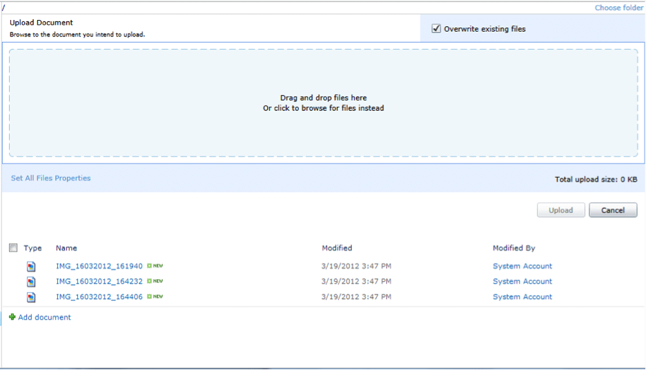 SharePoint document upload interface with drag-and-drop area and file list showing three image files