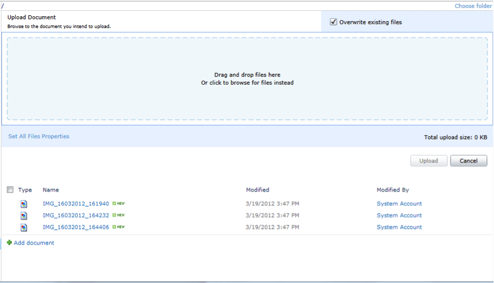 SharePoint document upload interface with drag-and-drop area and file list showing three image files