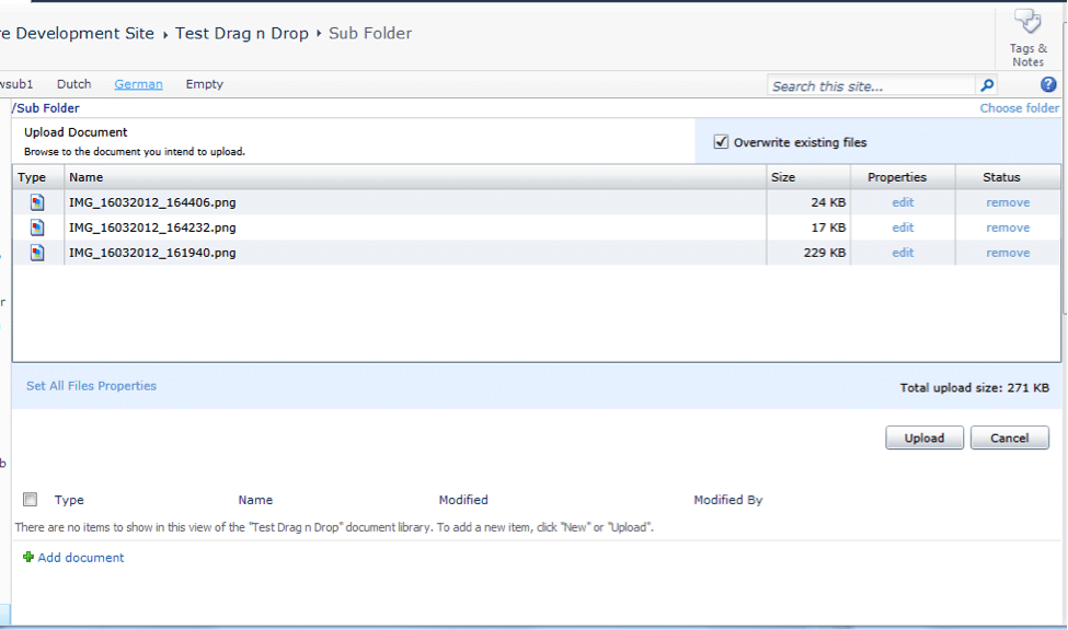 SharePoint document upload interface showing three image files ready for upload with total size of 271 KB.