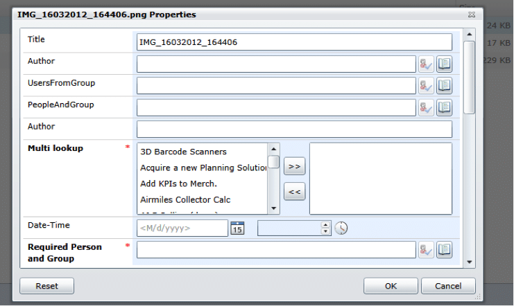 Properties dialog for IMG_16032012_164406.png file with metadata fields and dropdown menu.