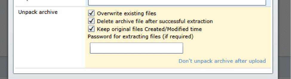 Unpack archive settings dialog with checkboxes for overwrite, delete, and timestamp options