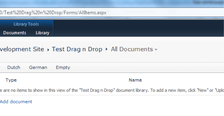 Empty SharePoint document library view showing "Test Drag n Drop" folder with no items displayed.