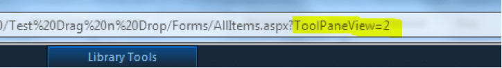 URL bar showing SharePoint test page with ToolPaneView=2 parameter highlighted