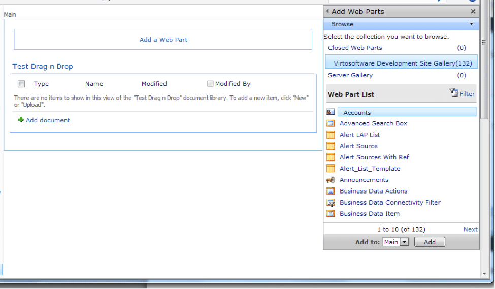 Add Web Parts dialog in SharePoint showing available web parts from Virtuosoftware Development Site Gallery