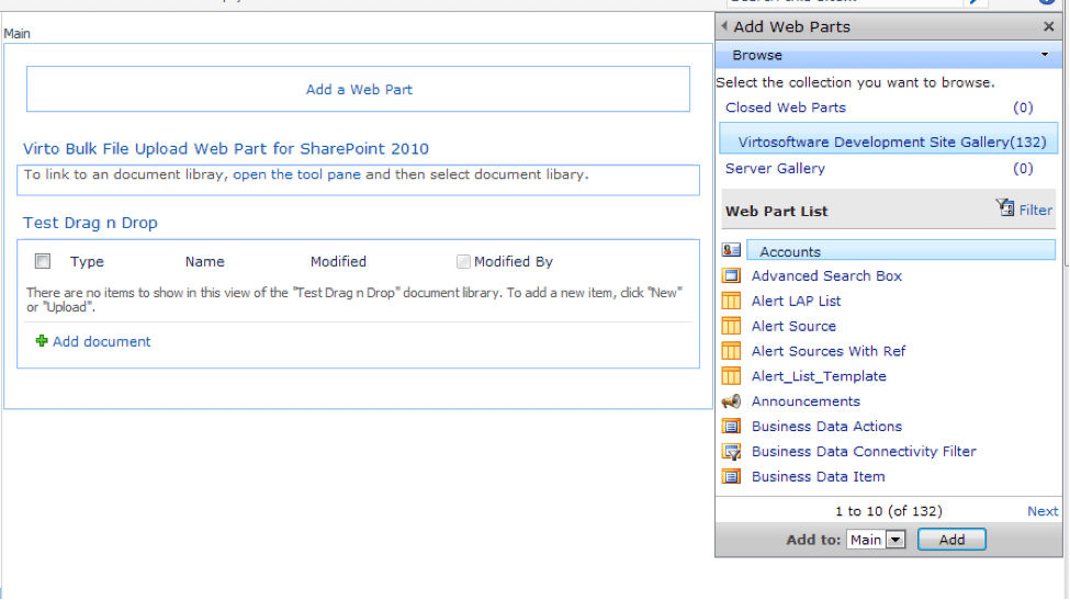 SharePoint interface showing Add Web Parts dialog with document library and web part selection options