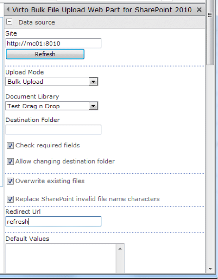 Virto Bulk File Upload Web Part configuration dialog for SharePoint 2010