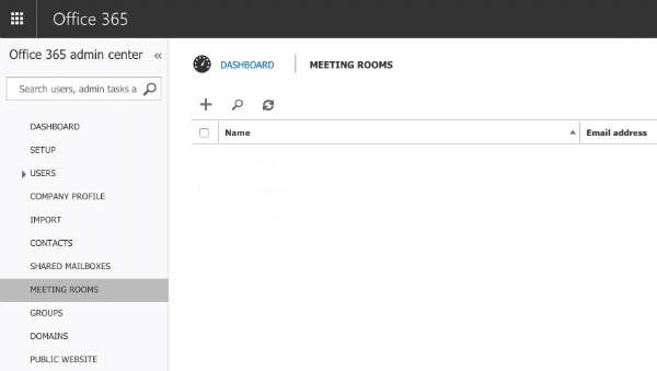 Office 365 admin center Meeting Rooms dashboard with empty list view
