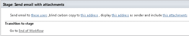 Email workflow stage configuration with recipient, BCC, sender display, and attachment settings