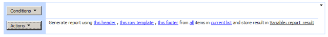 SharePoint workflow action menu with report generation options and parameters