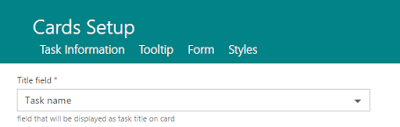 Cards Setup dialog showing Task Information tab with Task name field selected