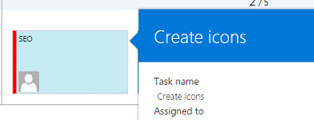 Screenshot of a task card showing "Create icons" with task name and assigned to fields visible.
