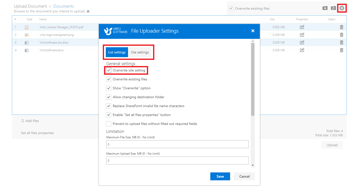 File Uploader Settings dialog showing list and site settings tabs with general configuration options for document upload
