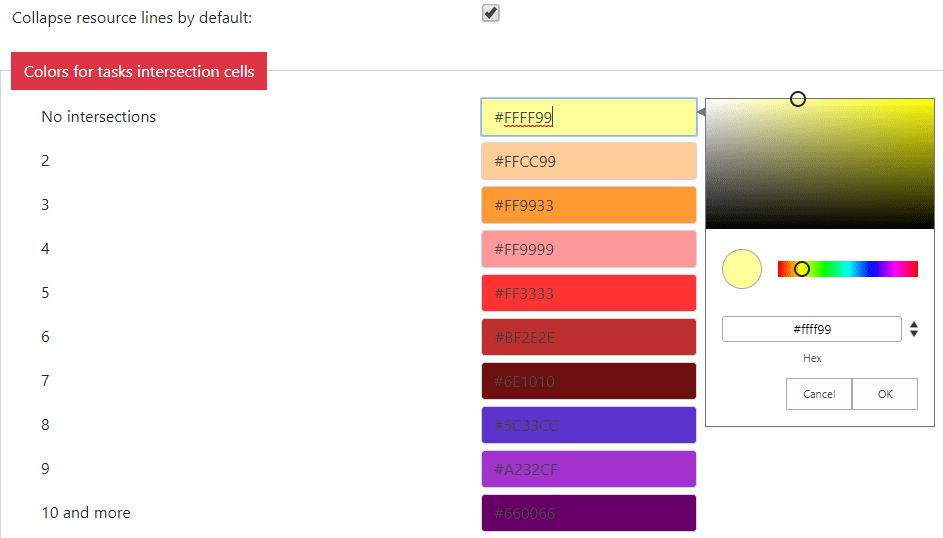 Color palette for task intersection cells in SharePoint Resource Manager settings