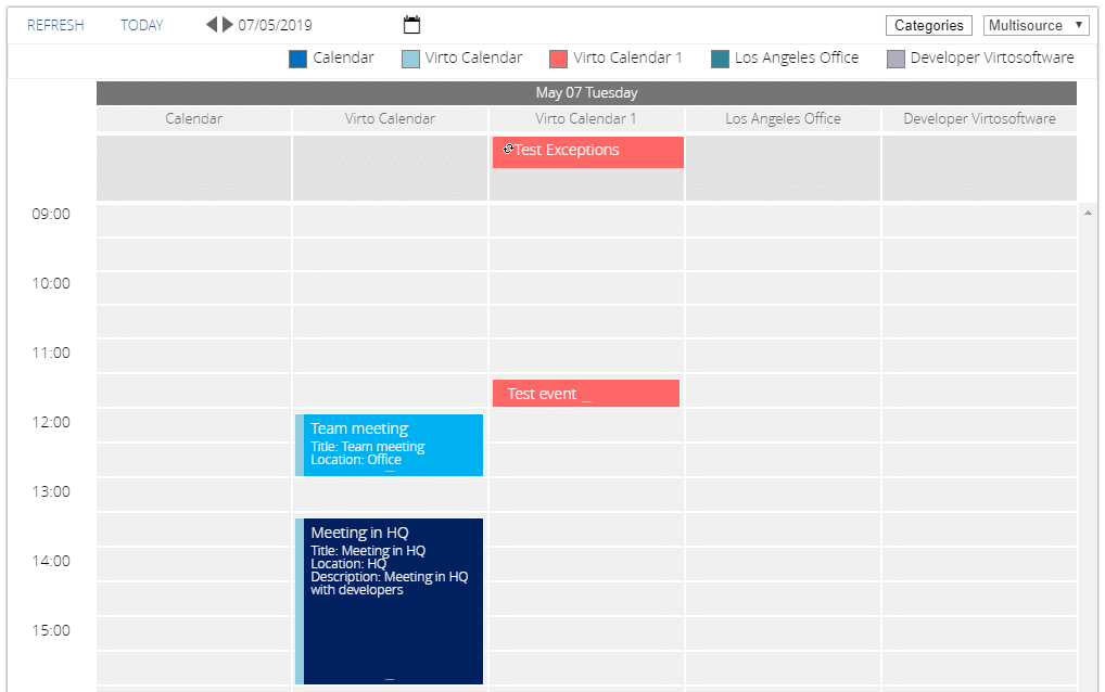 Calendar view showing multiple events on May 7, 2019 across different calendar sources and locations.