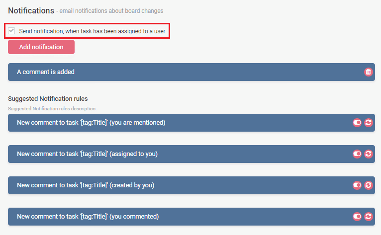 Notification settings interface showing email alert options and suggested notification rules for task assignments and co