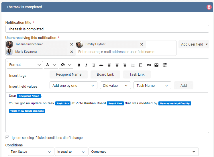 Notification configuration interface for task completion alerts in Teams with user recipients and message template optio