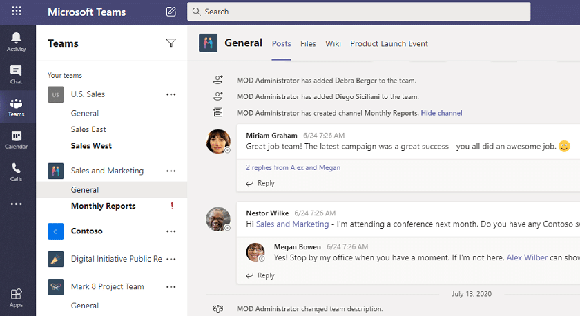 Microsoft Teams General channel showing team posts and conversations with member notifications and activity updates.
