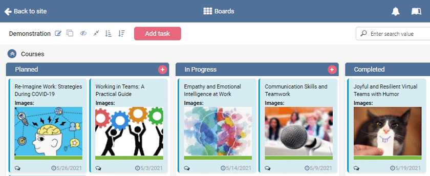 Kanban board showing course tasks organized in three columns: Planned, In Progress, and Completed.