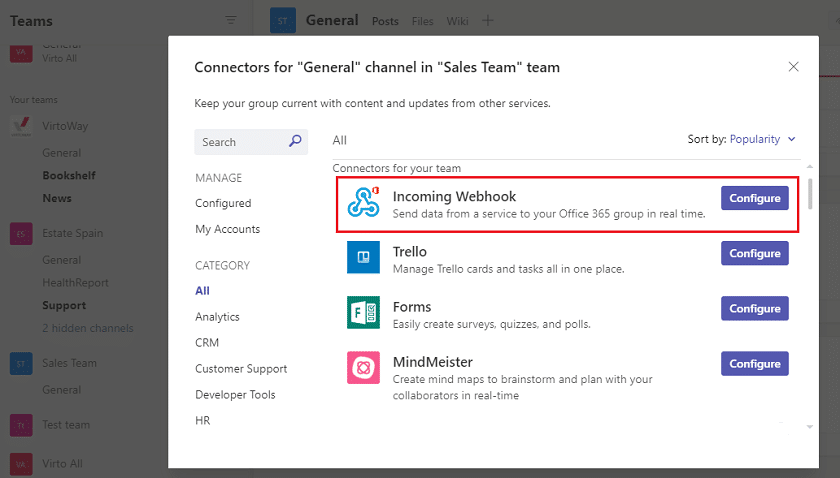 MS Teams connectors dialog showing Incoming Webhook and other service integrations for General channel