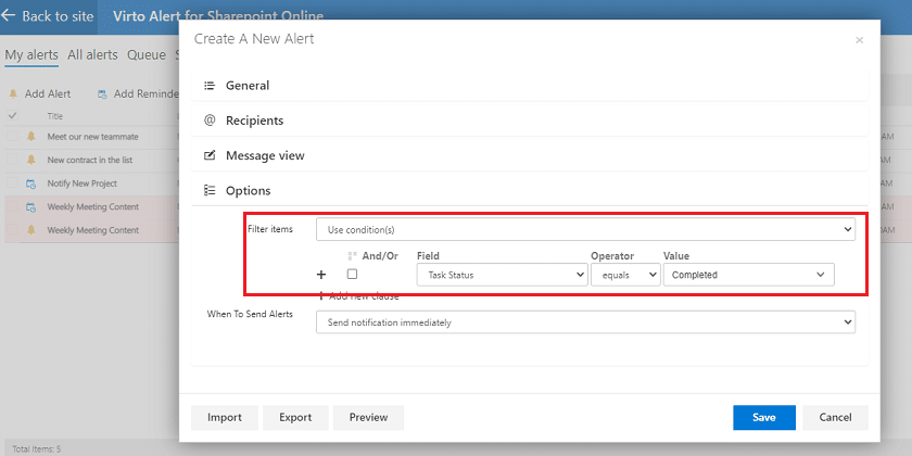Dialog for creating a new alert with filter conditions in Virto Alert for SharePoint Online