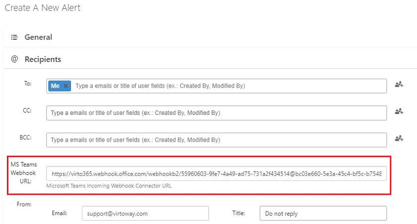 Alert creation form with MS Teams webhook URL configuration for Virto notifications
