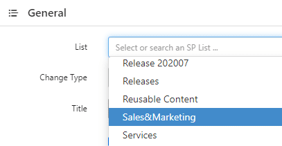 SharePoint list dropdown menu showing content type options including Sales&Marketing selected