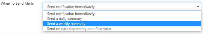 Dropdown menu showing alert notification timing options including immediate, daily, and weekly summaries.