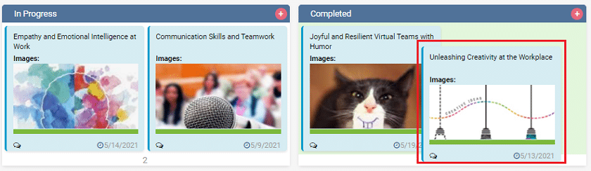 Project management board showing in-progress and completed training courses with images and dates.