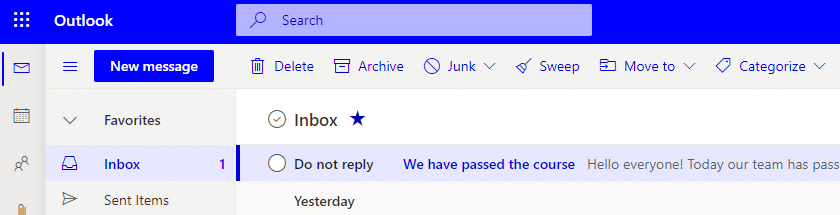 Microsoft Outlook inbox interface showing email list with message from yesterday about passing a course.