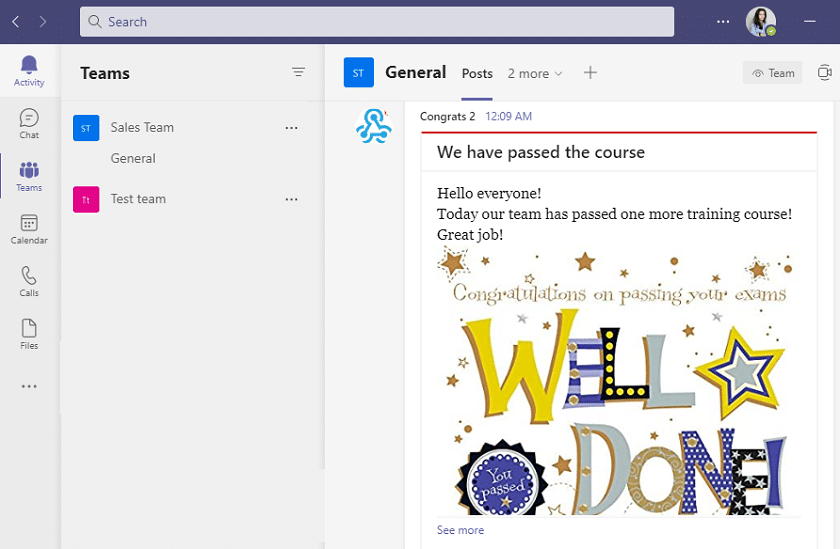 Microsoft Teams chat showing congratulatory message about passing a training course with celebratory graphics.