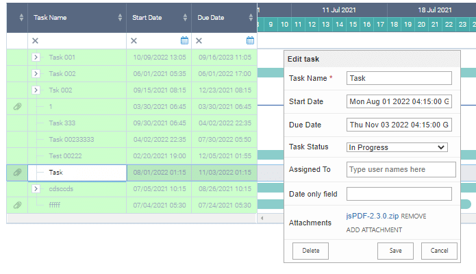 Gantt chart task management interface showing project timeline with edit task dialog box open