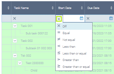 Gantt chart task list with filter menu showing comparison operators for date filtering
