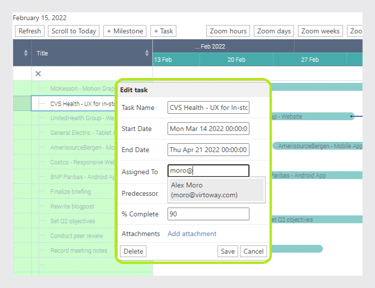 Edit task dialog for CVS Health project showing dates, assignee, and completion percentage in Gantt chart app