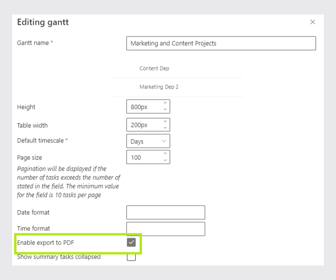 Gantt chart editing dialog showing configuration options for name, height, width, timescale, and export settings.