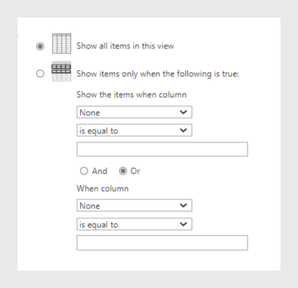 SharePoint view filter options showing conditional display settings with column criteria