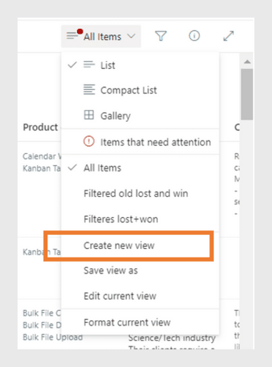 SharePoint List view menu showing display options and view management tools.