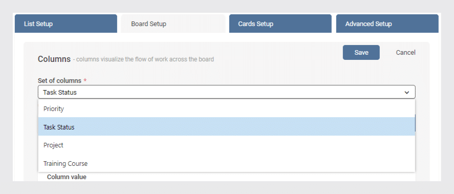 Setup dialog showing column configuration options for a Kanban board with Task Status selected